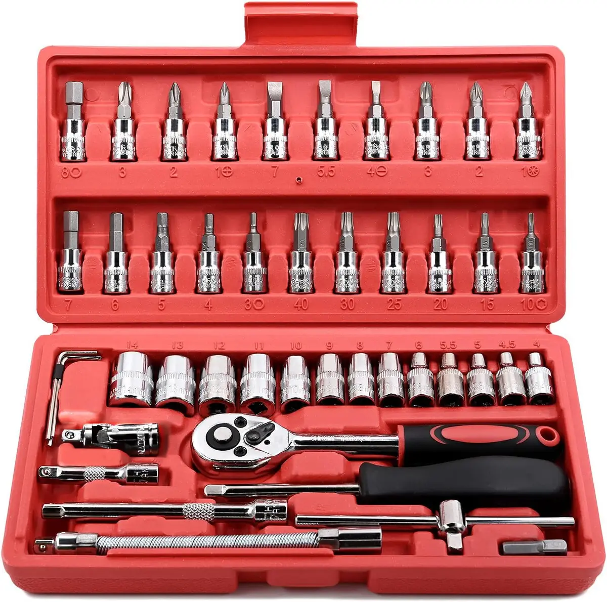 Conjunto com 46 chaves catraca Egofine, soquete de 6,35 mm, com conjunto de soquete métrico e haste de extensão para reparo de automóveis e uso doméstico, com estojo de armazenamento - 1