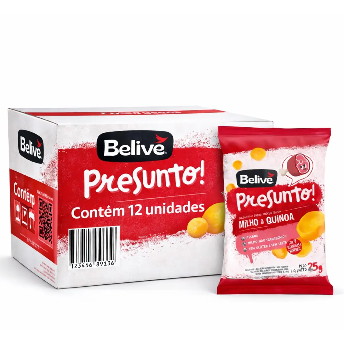 Kit Salgadinho Belive Sem Glúten Sabor Presunto 25g c/12 Pacotes – Snack Assado, Leve e Crocante
