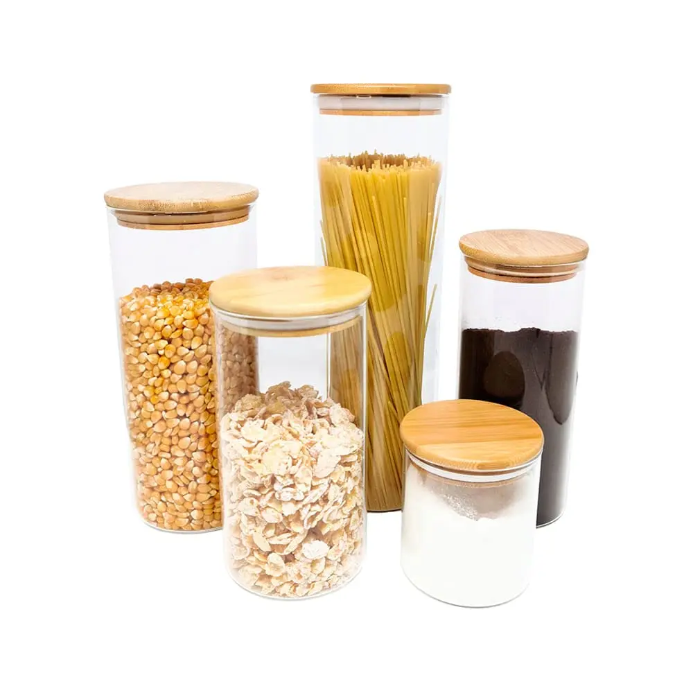Oikos - Kit 5 Potes de Vidro Herméticos Redondos com Tampa de Bambu | Borossilicato, vedação em silicone, BPA Free, mantimentos, empilháveis, fácil limpeza, design natural