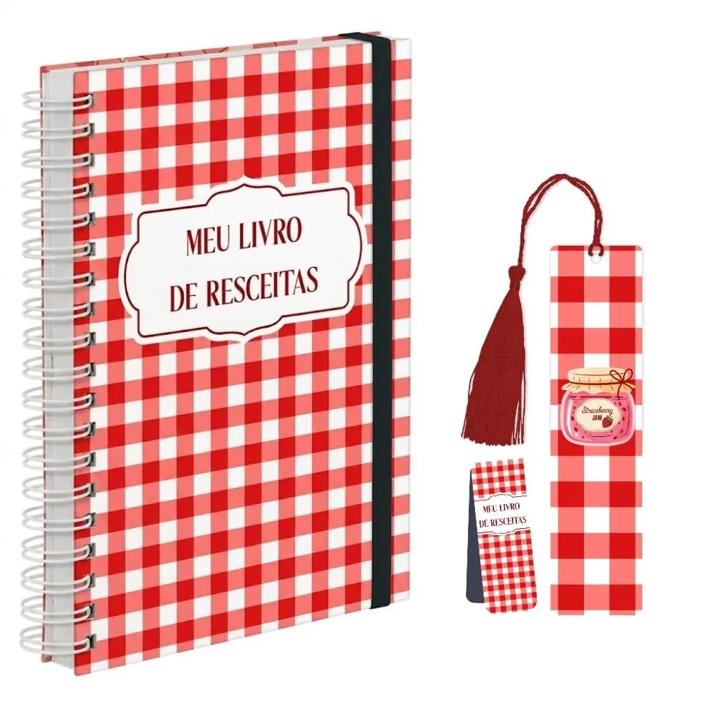 Caderno de Receitas Cottagecore Aquarela Vintage A5 Capa Dura Wire-O com Elástico - 174 Páginas | Acompanha Marcadores de Página com Tassel e Magnético (Toalha de Mesa Vermelha)