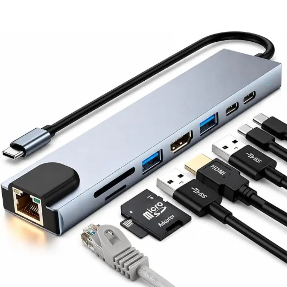 Adaptador Hub Usb Com 8 Portas Rj45 Hdmi Usb 3.0 E 2.0 Tipo C Micro Sd Cartão Ethernet Cabo Thunderbolt Dock Station Dex Macbook iPad Type C Tablet Computador Pc Notebook