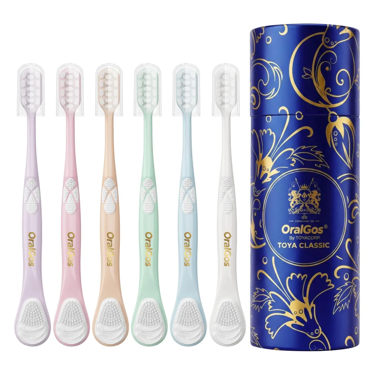 OralGos Kit com 6 Escovas de Dentes Macias com Área de Limpeza de Língua e Protetor de Cerdas Higiene Bucal Familiar (Azul)