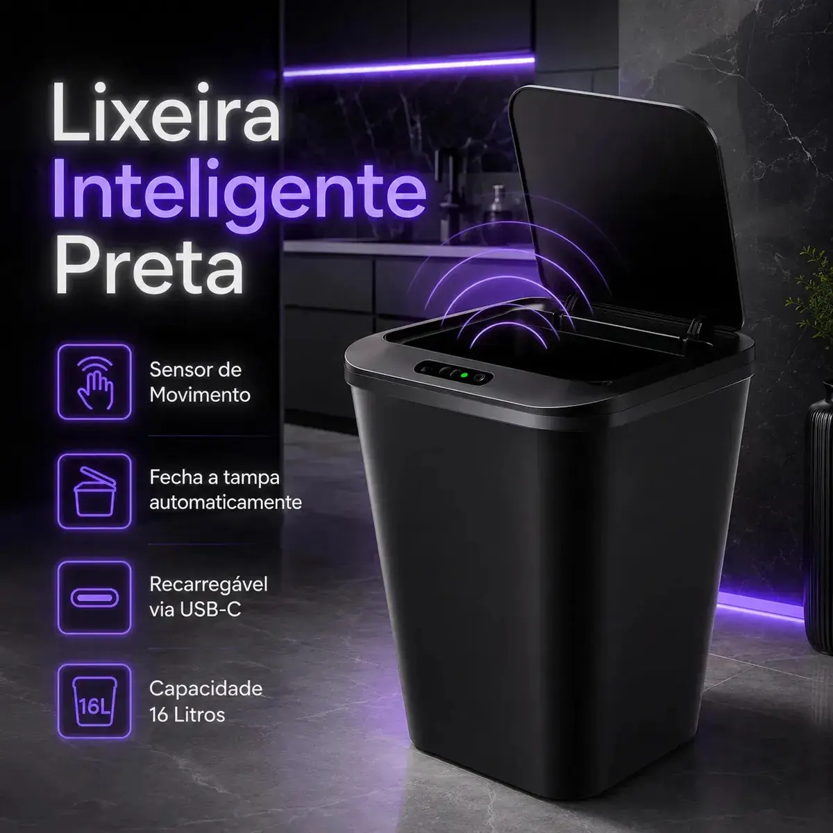 Lixeira Automática Inteligente Smart 16l Preto Sensor Banheiro Cozinha Estilo Moderno - 1