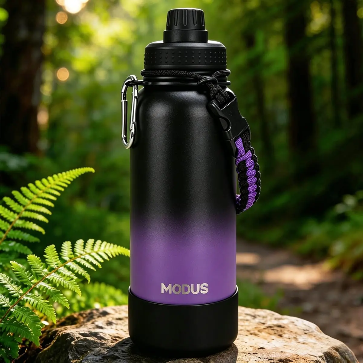 950ml Garrafa Térmica de Aço Inoxidável com Alça Paracord | Base Antiderrapante de Silicone – Mantém a Água Gelada por até 24 Horas Preto Roxo - 1