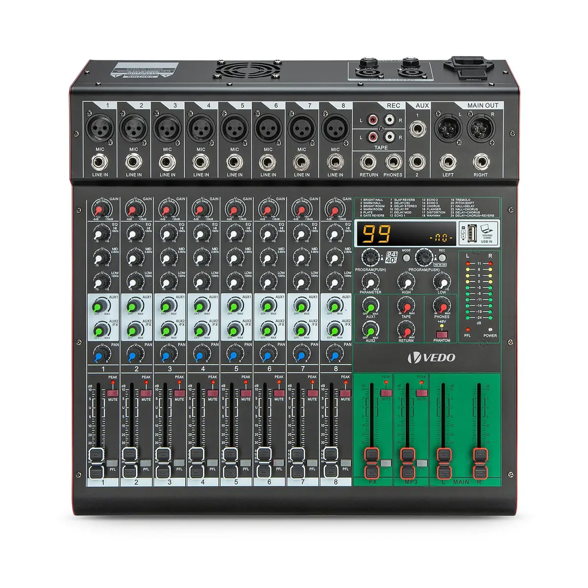 Mesa de Som Amplificada de 8 Canais com 99 Efeitos DSP, Amplificador de 500W×2, Bluetooth, USB/MP3, Phantom Power de 48V, EQ de 5 Bandas - Mesa de Mixagem Profissional