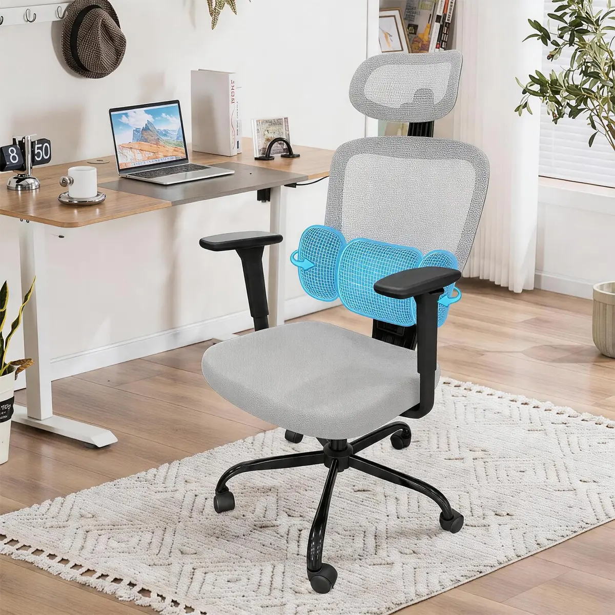 Cadeira de Escritório Ergonômica para Home Office com Certificação NR-17, Apoio Lombar Ajustável em 3 Seções, Braços 3D, Assento Confortável e Encosto em Tela Respirável(Cinza)