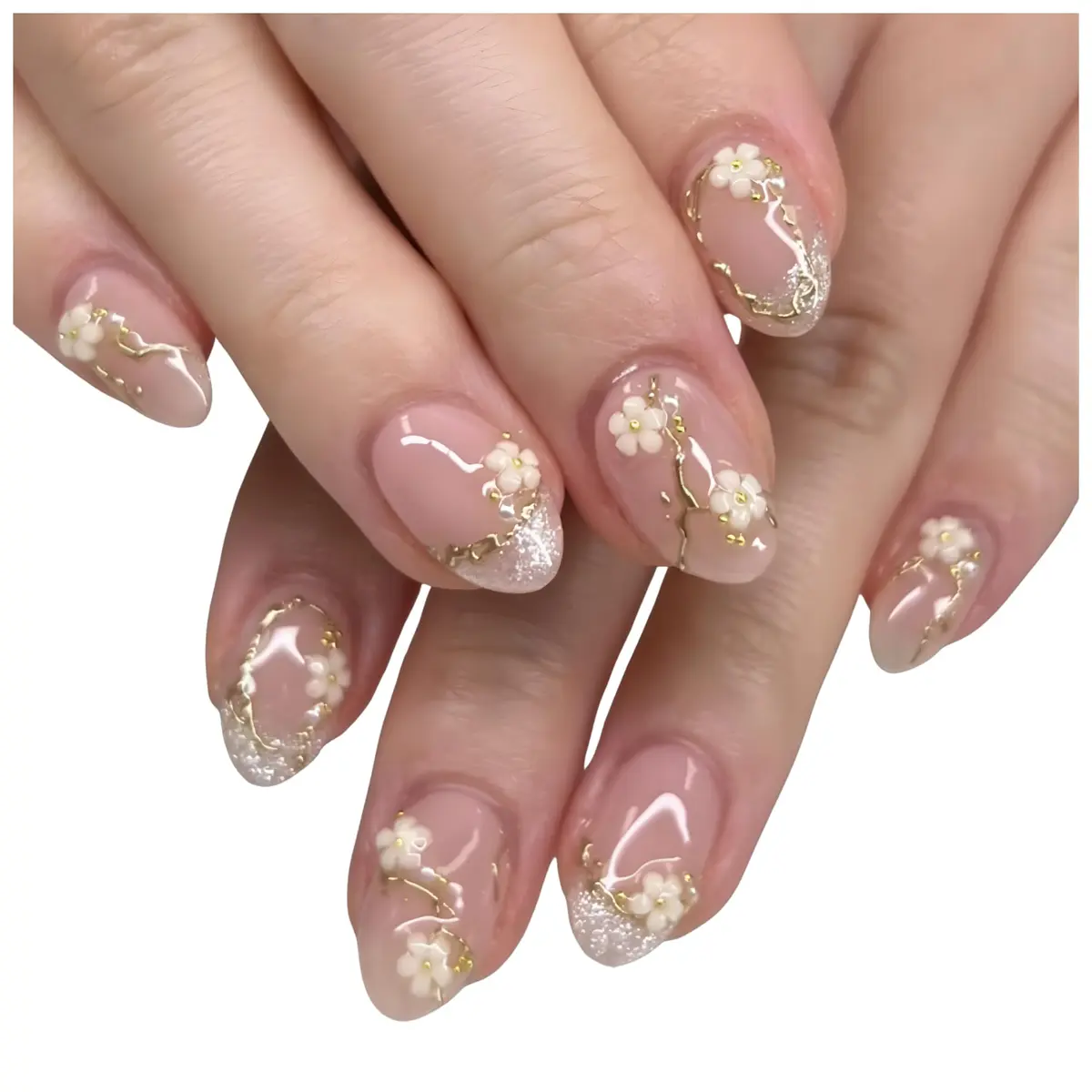 Kit 24 Unhas Postiças Premium Reutilizáveis com Flores 3D e Detalhes Dourados – Peças Acrílicas Naturais Curtas Redondas, Efeito Gel Brilhante, Aplicação Rápida Tipo Salão em Casa - 1