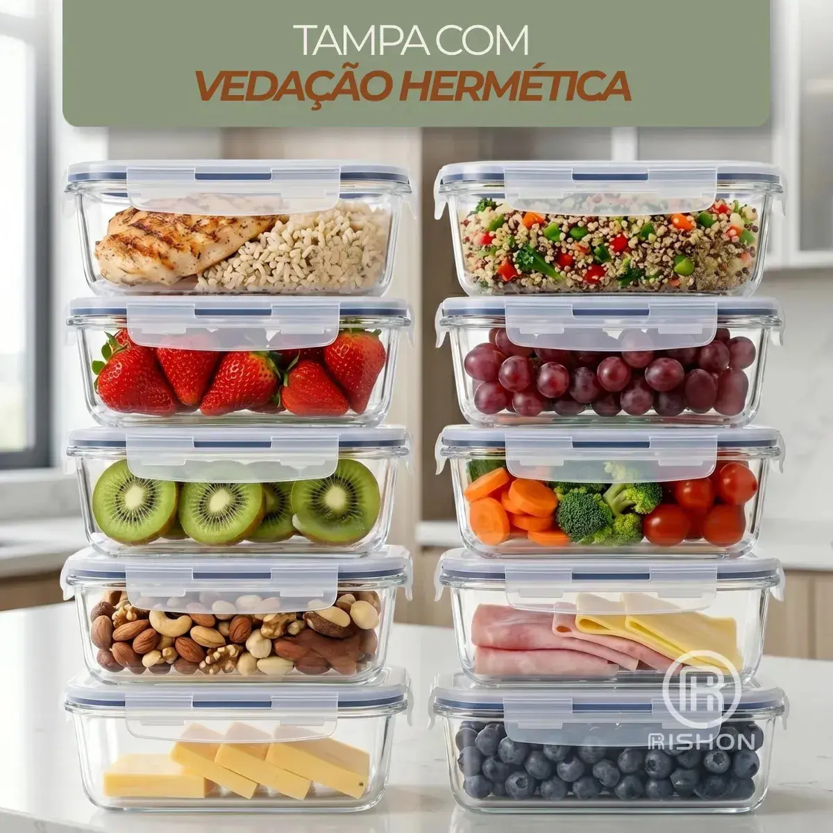 Kit 10 Pote De Vidro Marmita Hermético 370ml Freezer Fitness Rishon thumbnail 5