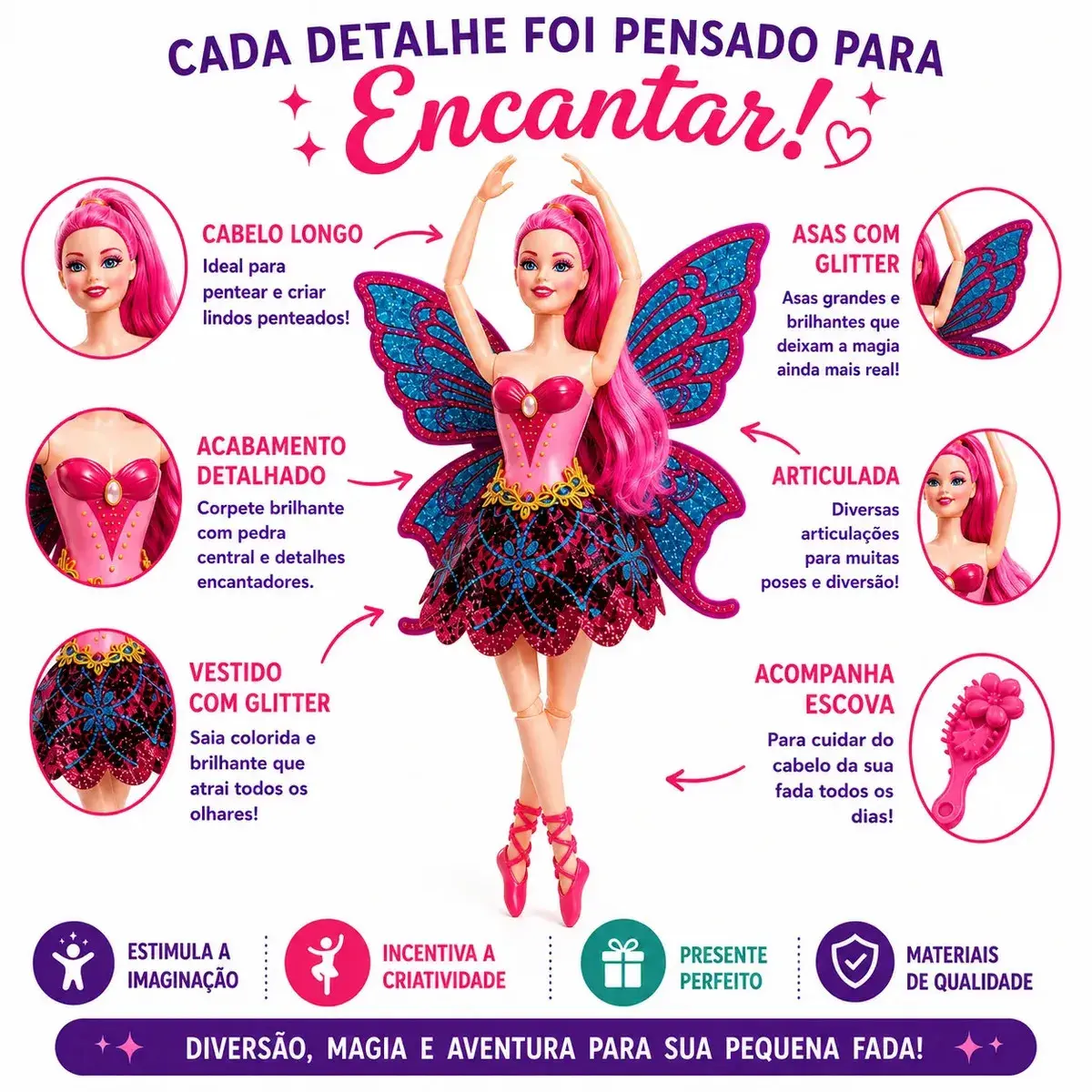 Boneca Bailarina Fada Princesa Articulada Ballet Com Asas Brilhantes Grande 30cm Colorida com Acessorios - Petite Flô thumbnail 2