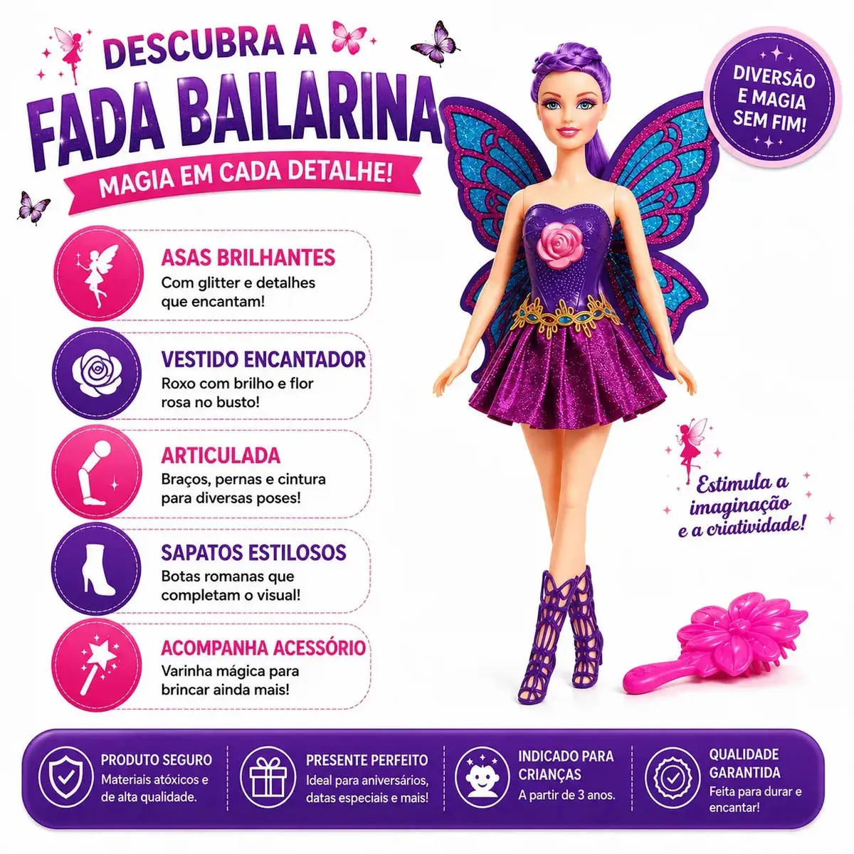 Boneca Bailarina Fada Princesa Articulada Ballet Com Asas Brilhantes Grande 30cm Colorida com Acessorios - Petite Flô thumbnail 3