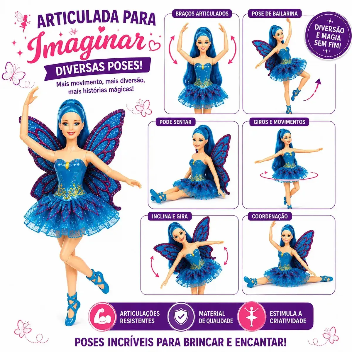 Boneca Bailarina Fada Princesa Articulada Ballet Com Asas Brilhantes Grande 30cm Colorida com Acessorios - Petite Flô thumbnail 4