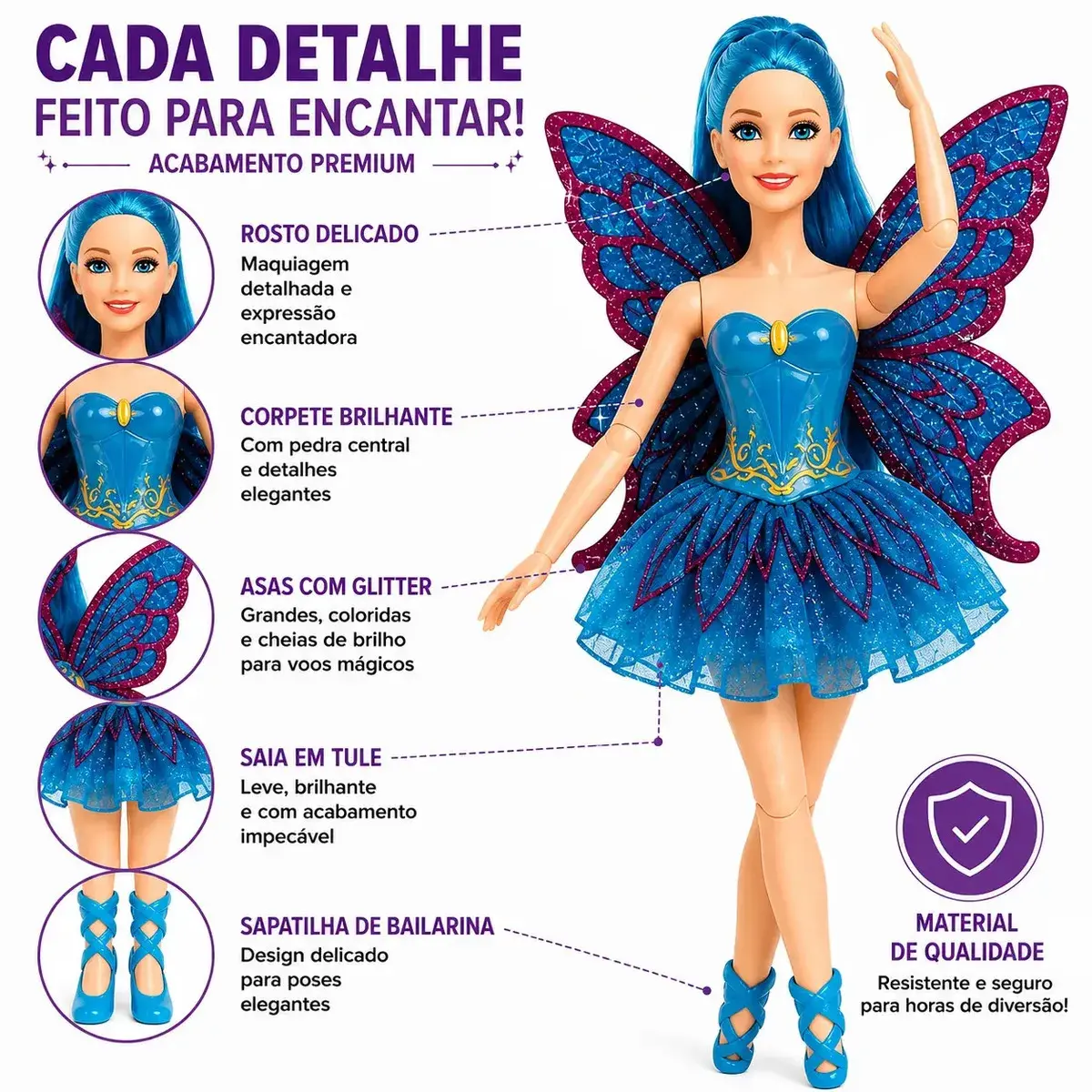 Boneca Bailarina Fada Princesa Articulada Ballet Com Asas Brilhantes Grande 30cm Colorida com Acessorios - Petite Flô thumbnail 5