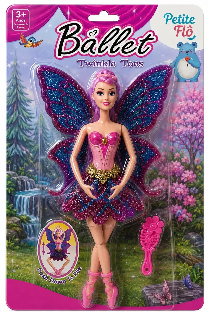 Boneca Bailarina Fada Princesa Articulada Ballet Com Asas Brilhantes Grande 30cm Colorida com Acessorios - Petite Flô thumbnail 7