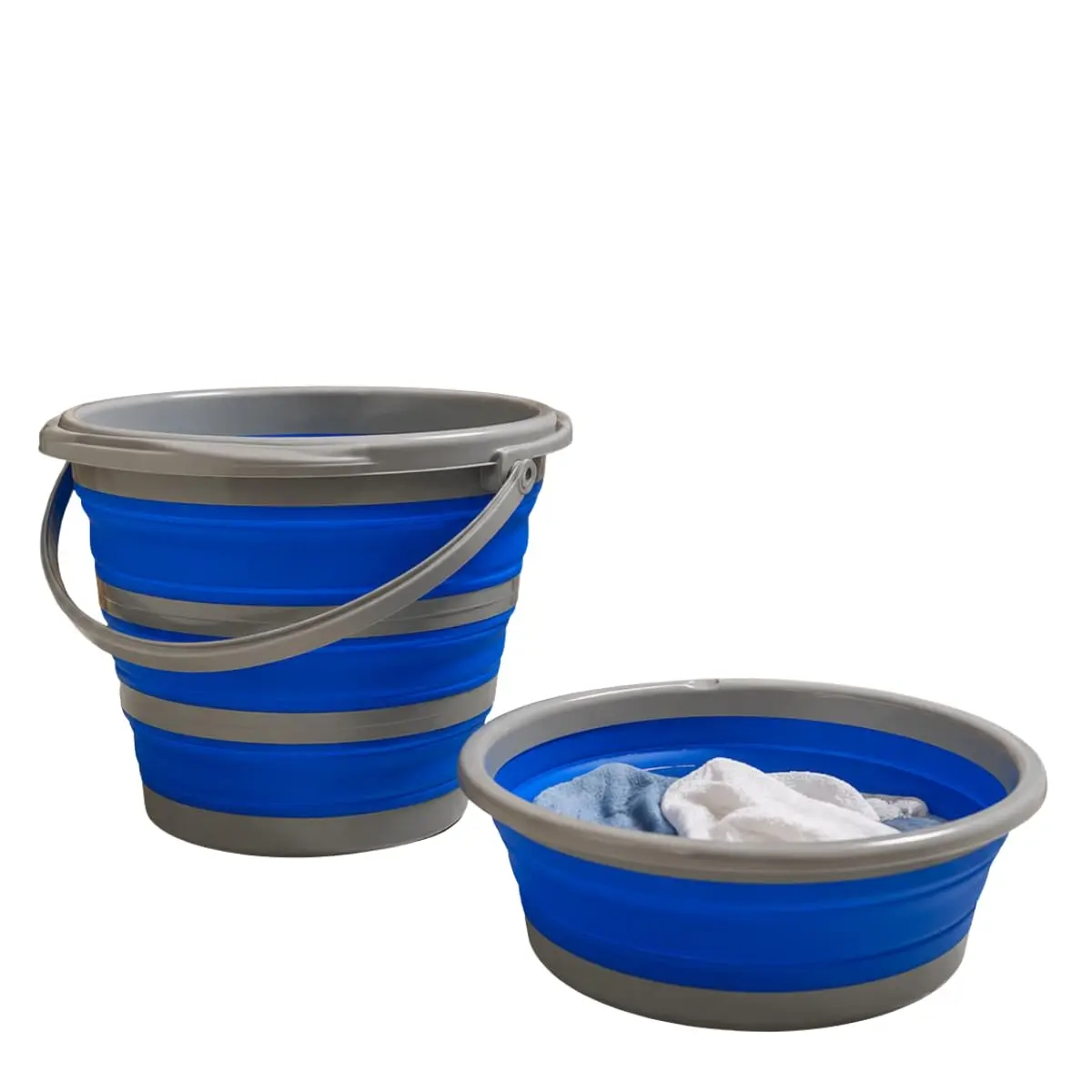Kit Balde 10L e Bacia 9,5L Dobrável de Silicone Conjunto Retrátil Multiuso para Lavanderia Viagem e Camping Portátil com Alça (Azul)