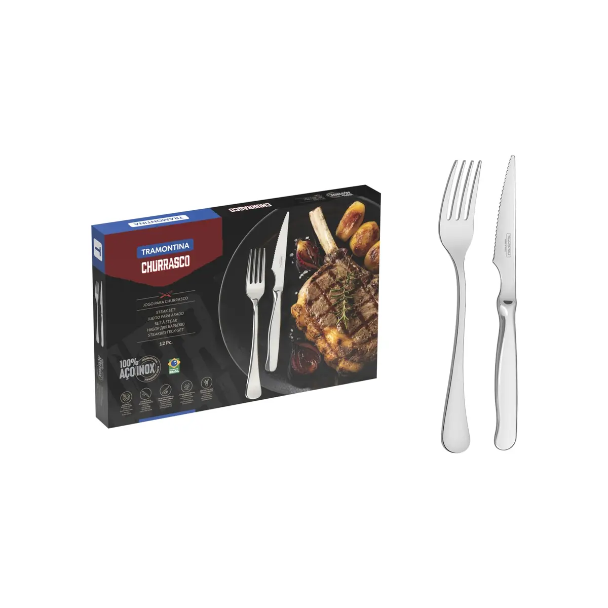 Jogo para Churrasco Tramontina Zurique em Aço Inox Facas Fio Serrilhado Acabamento Alto Brilho 12 Peças