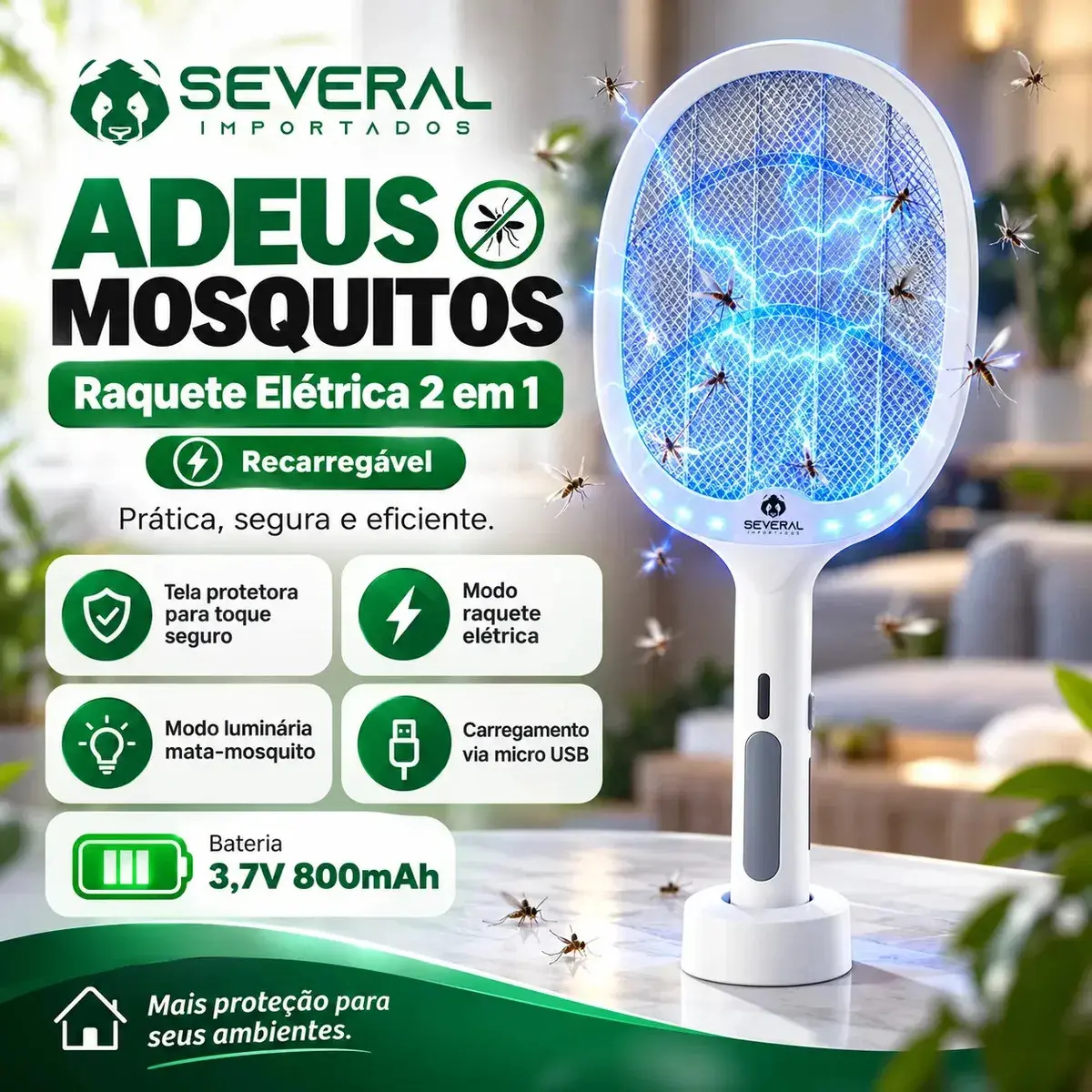 Raquete Elétrica Several Importados Recarregável Mata Pernilongos Mosquitos E Atrai Com Iluminação UV - 1
