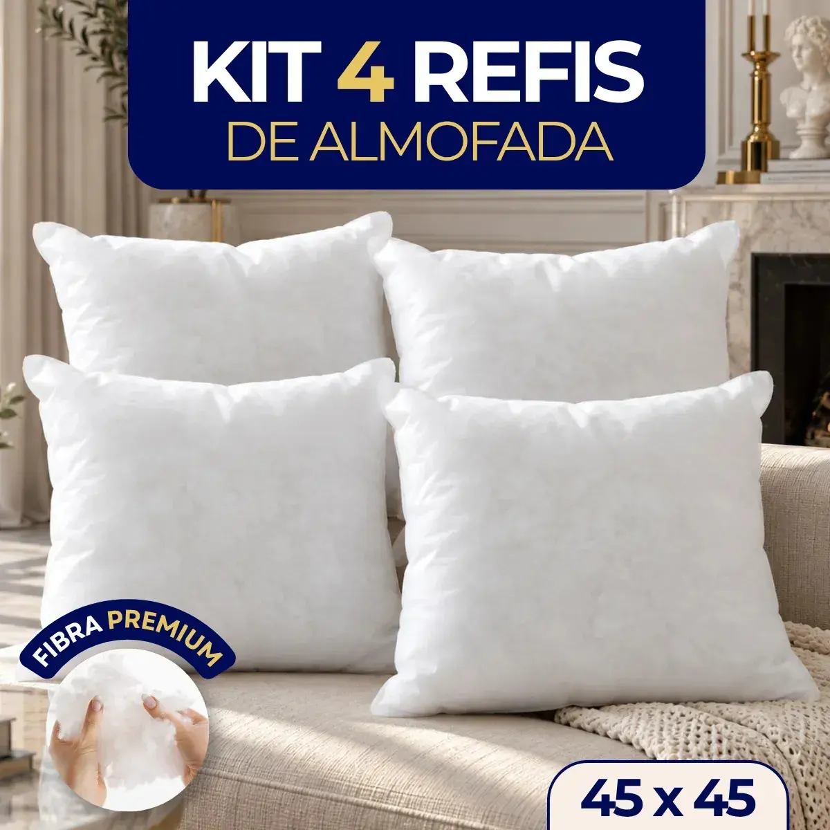 Kit 4 Enchimento Recheio Almofada Refil Fibra Siliconada 45x45 Antiácaro Premium - 1