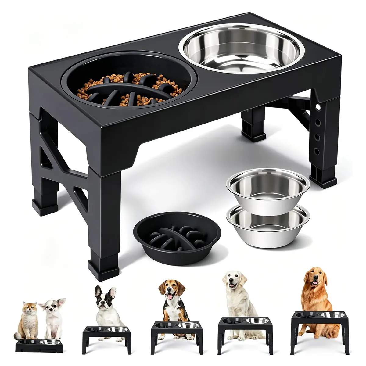 Comedouro Elevado Para Cães Gatos, Preto Comedouro Duplo Alto Ajustável Para Cachorros, Comedouro Alimentador Pet Inox, Alimentação Lenta, Adequado Para Raças Médias a Grandes