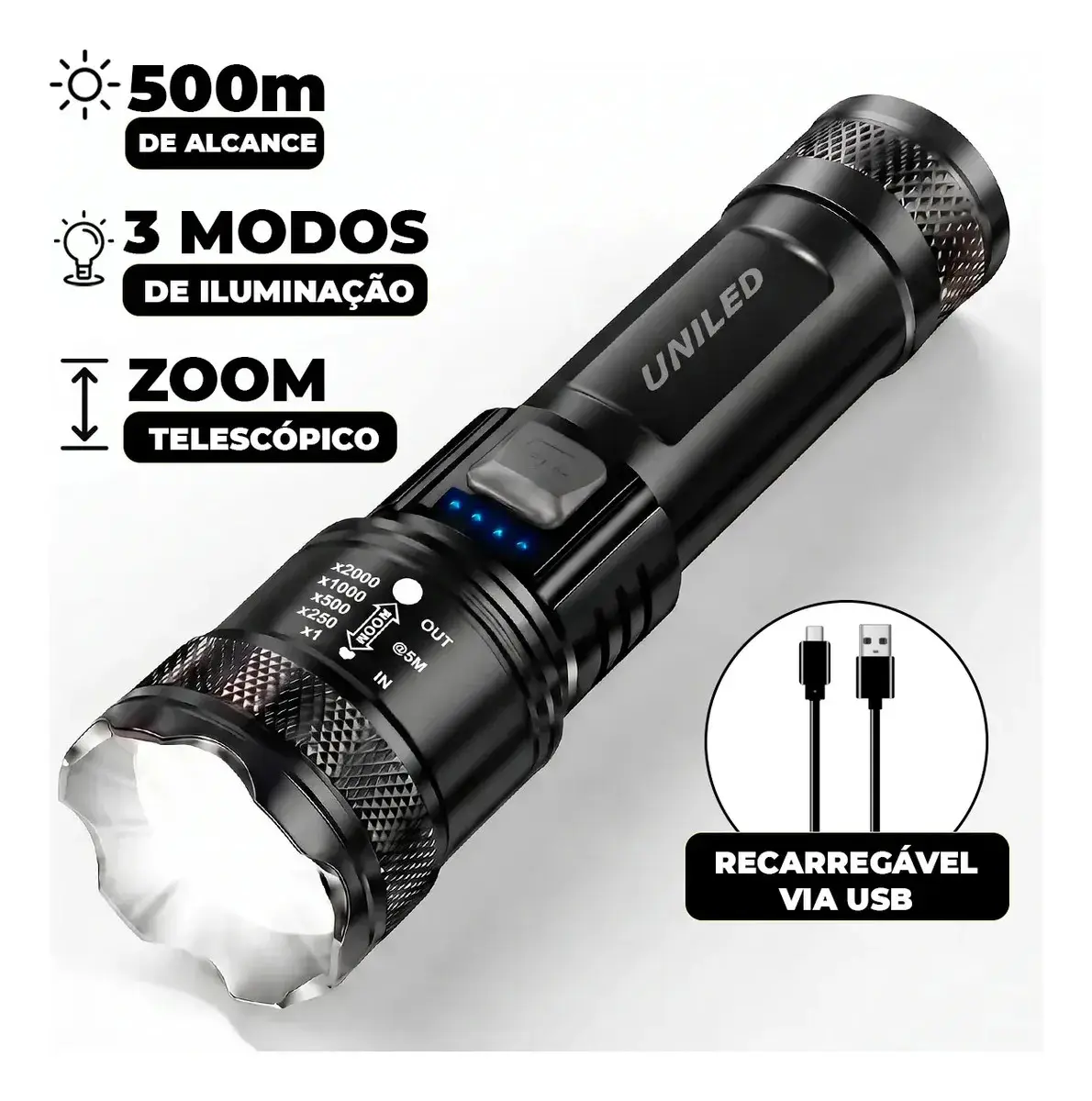 Lanterna Militar Tatica LED Mais Forte do Mundo 1000m Potente Zoom Telescópico Alto Brilho Resistente Agua Sitio Fazenda UNILED