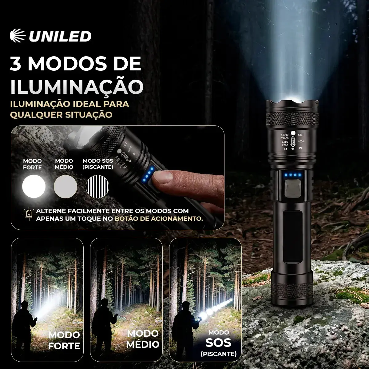 Lanterna Militar Tatica LED Mais Forte do Mundo 1000m Potente Zoom Telescópico Alto Brilho Resistente Agua Sitio Fazenda UNILED thumbnail 2