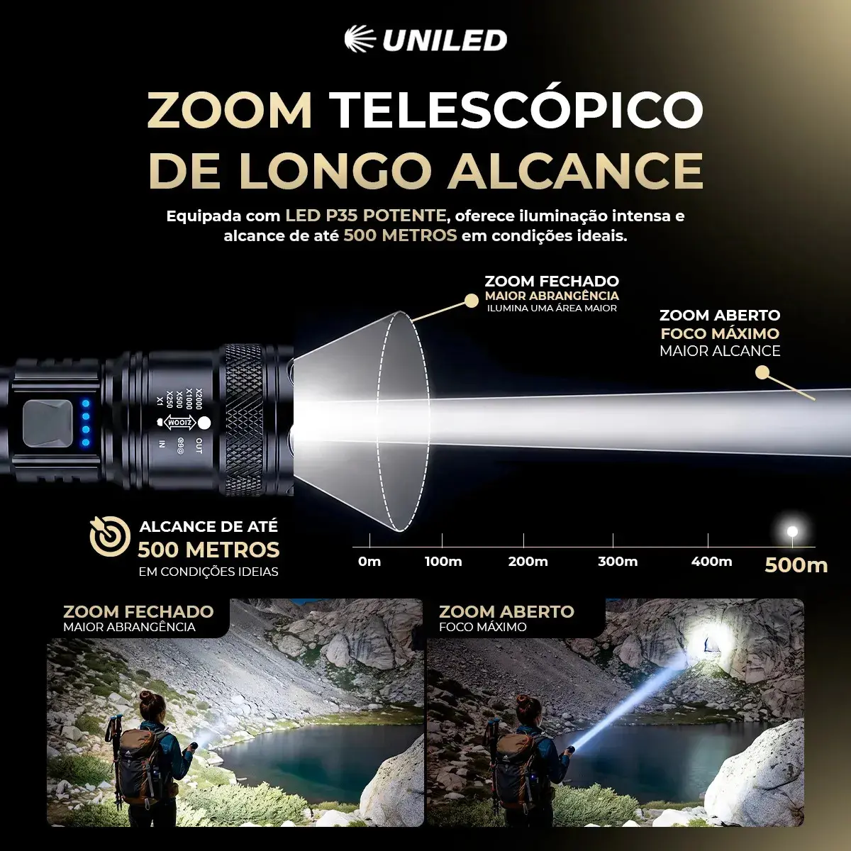 Lanterna Militar Tatica LED Mais Forte do Mundo 1000m Potente Zoom Telescópico Alto Brilho Resistente Agua Sitio Fazenda UNILED thumbnail 3