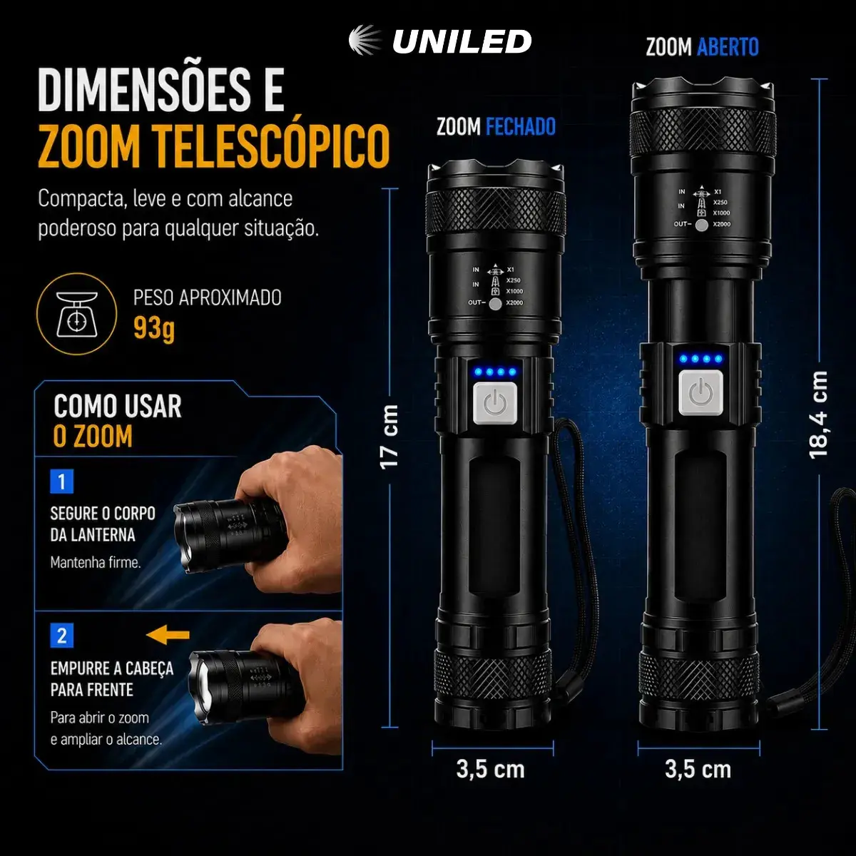 Lanterna Militar Tatica LED Mais Forte do Mundo 1000m Potente Zoom Telescópico Alto Brilho Resistente Agua Sitio Fazenda UNILED thumbnail 4