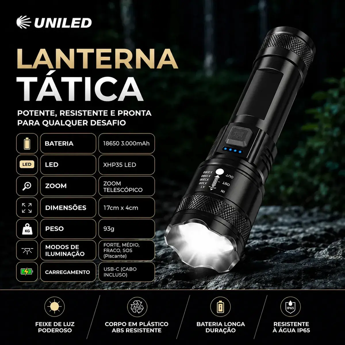 Lanterna Militar Tatica LED Mais Forte do Mundo 1000m Potente Zoom Telescópico Alto Brilho Resistente Agua Sitio Fazenda UNILED thumbnail 5