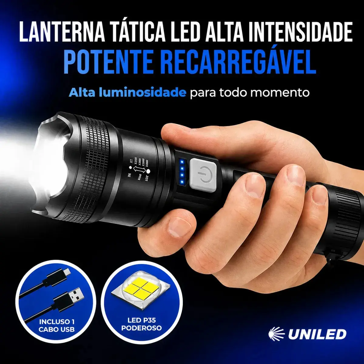 Lanterna Militar Tatica LED Mais Forte do Mundo 1000m Potente Zoom Telescópico Alto Brilho Resistente Agua Sitio Fazenda UNILED thumbnail 6