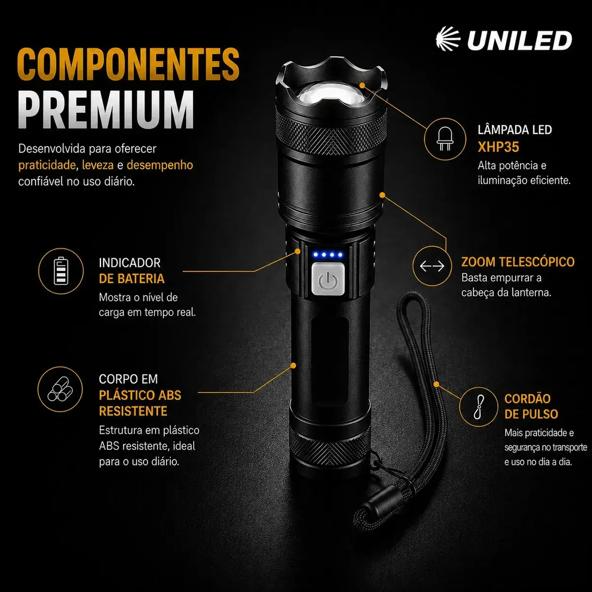 Lanterna Militar Tatica LED Mais Forte do Mundo 1000m Potente Zoom Telescópico Alto Brilho Resistente Agua Sitio Fazenda UNILED thumbnail 8