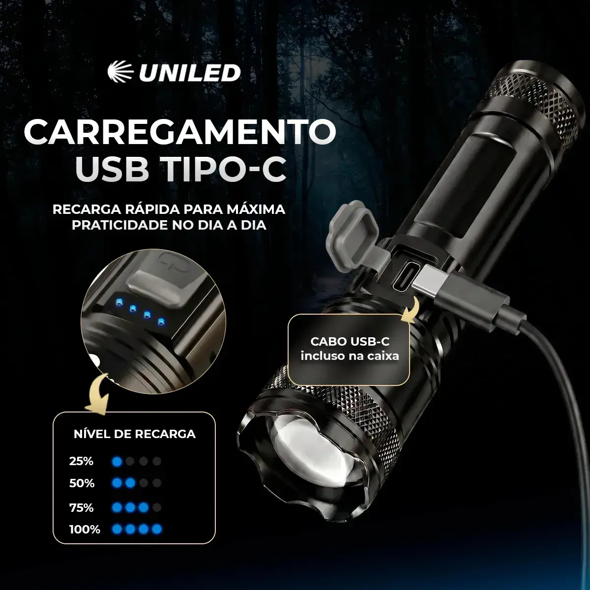 Lanterna Militar Tatica LED Mais Forte do Mundo 1000m Potente Zoom Telescópico Alto Brilho Resistente Agua Sitio Fazenda UNILED thumbnail 10