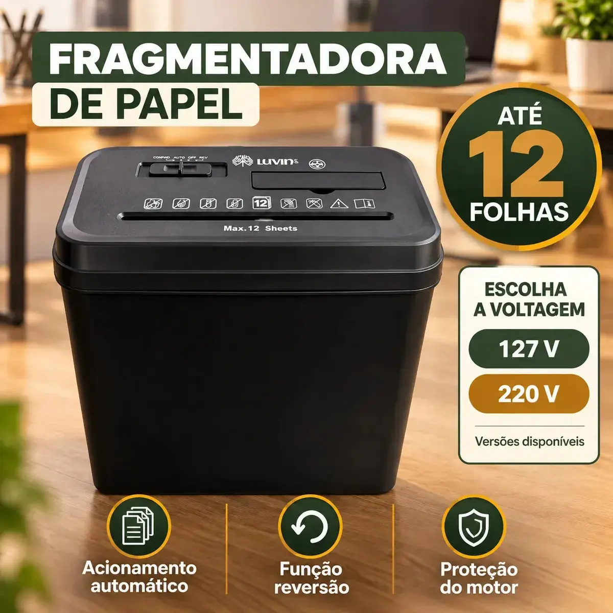 Fragmentadora de Papel 12 Folhas Eletrica Automática Trituradora Picotadora Silenciosa Função Reverso LuvinCo Preto