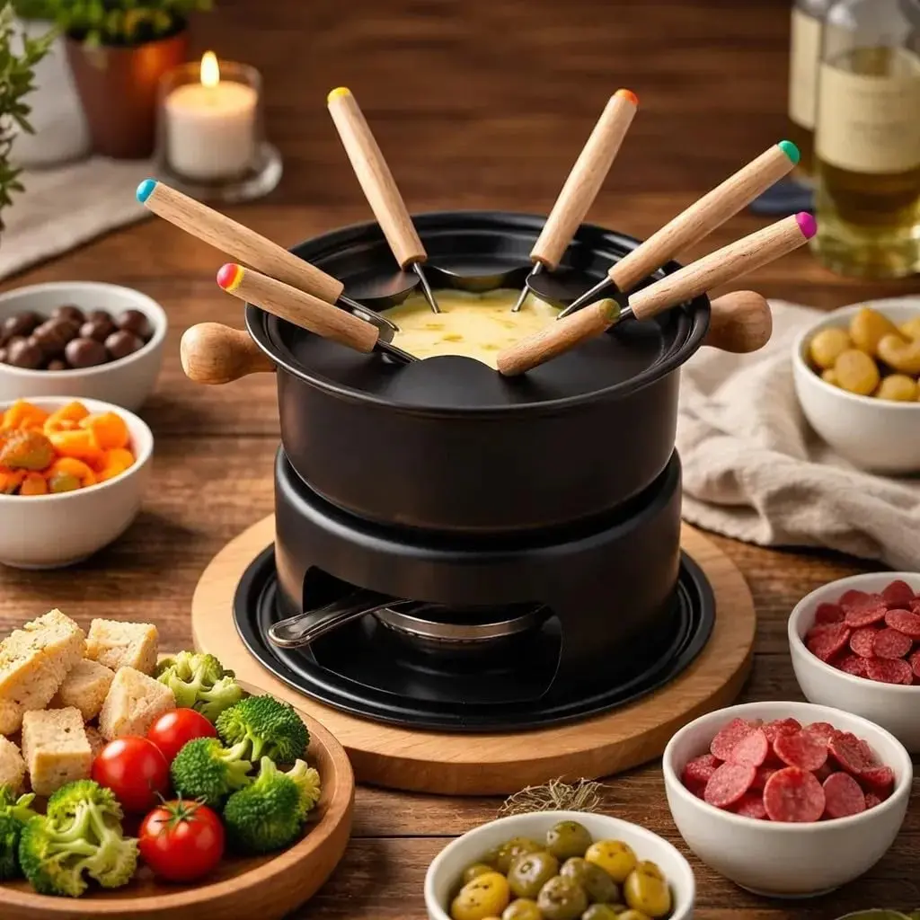 Conjunto Para Fondue 11 Peças Inox para Queijos, Chocolate e Molhos | Panela Esmaltada, Fogareiro, 6 Garfos, Para Queijo Chocolate Carne