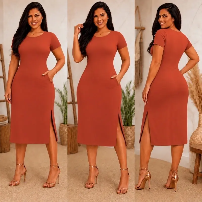 vestido envio rápido mais vendidos midi casual moda feminina festa de bolso e fenda lateral e vestido plus size canelado