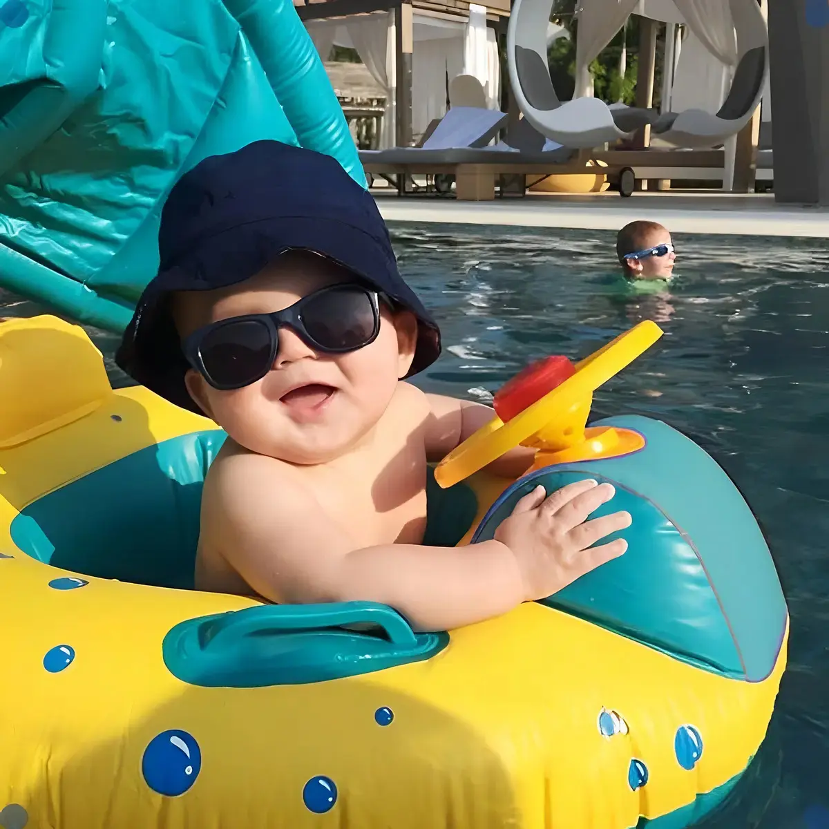 Boia Bote Bebê Infantil Inflável Piscina Com Cobertura De Proteção UV Cor Azul/amarelo Indue Variedades thumbnail 2