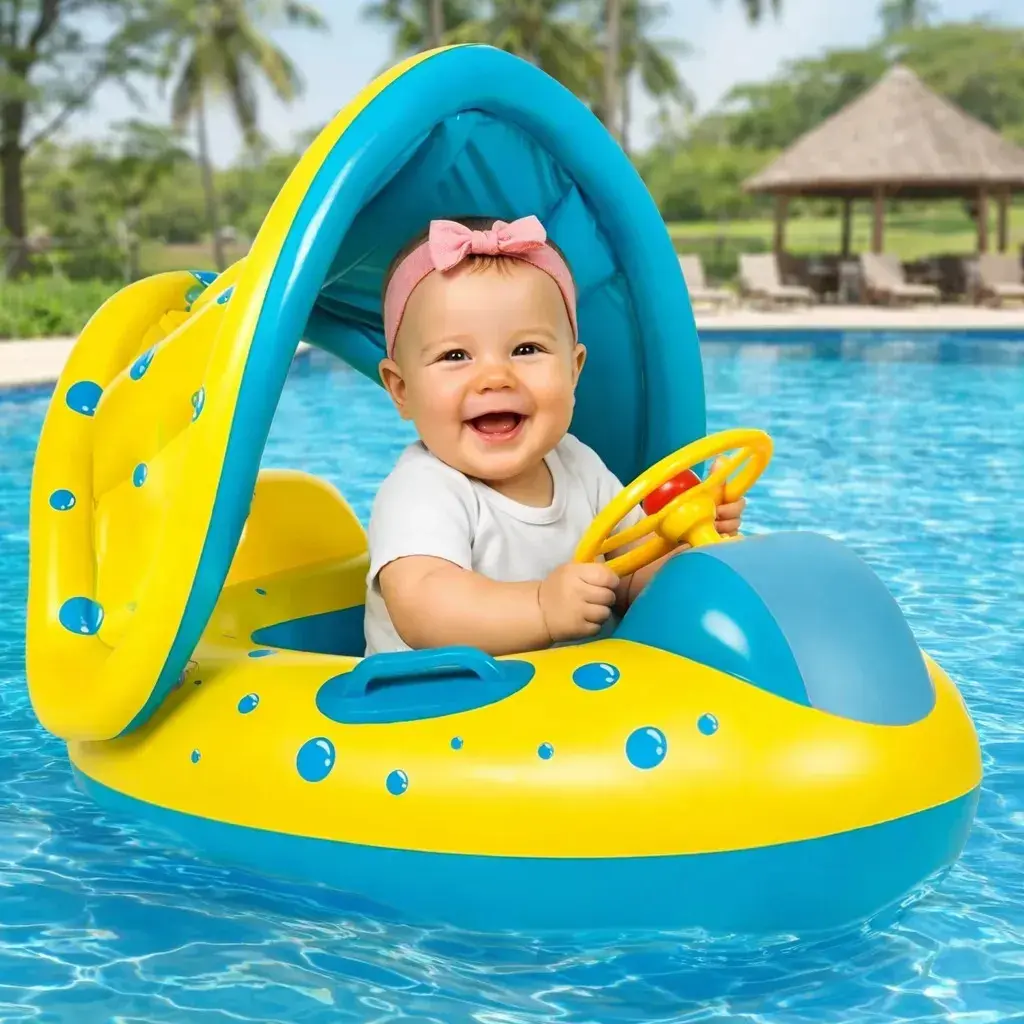 Boia Bote Bebê Infantil Inflável Piscina Com Cobertura De Proteção UV Cor Azul/amarelo Indue Variedades thumbnail 4