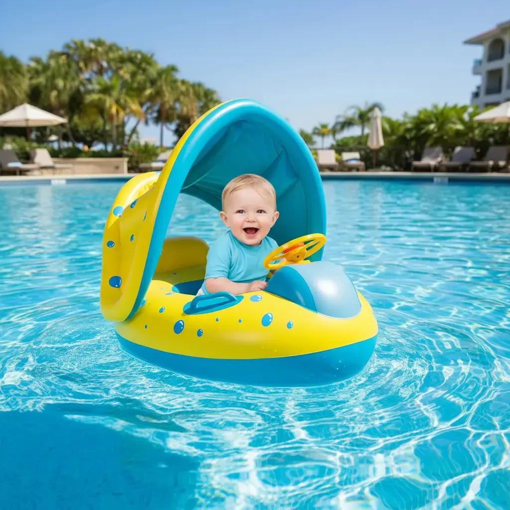 Boia Bote Bebê Infantil Inflável Piscina Com Cobertura De Proteção UV Cor Azul/amarelo Indue Variedades thumbnail 8