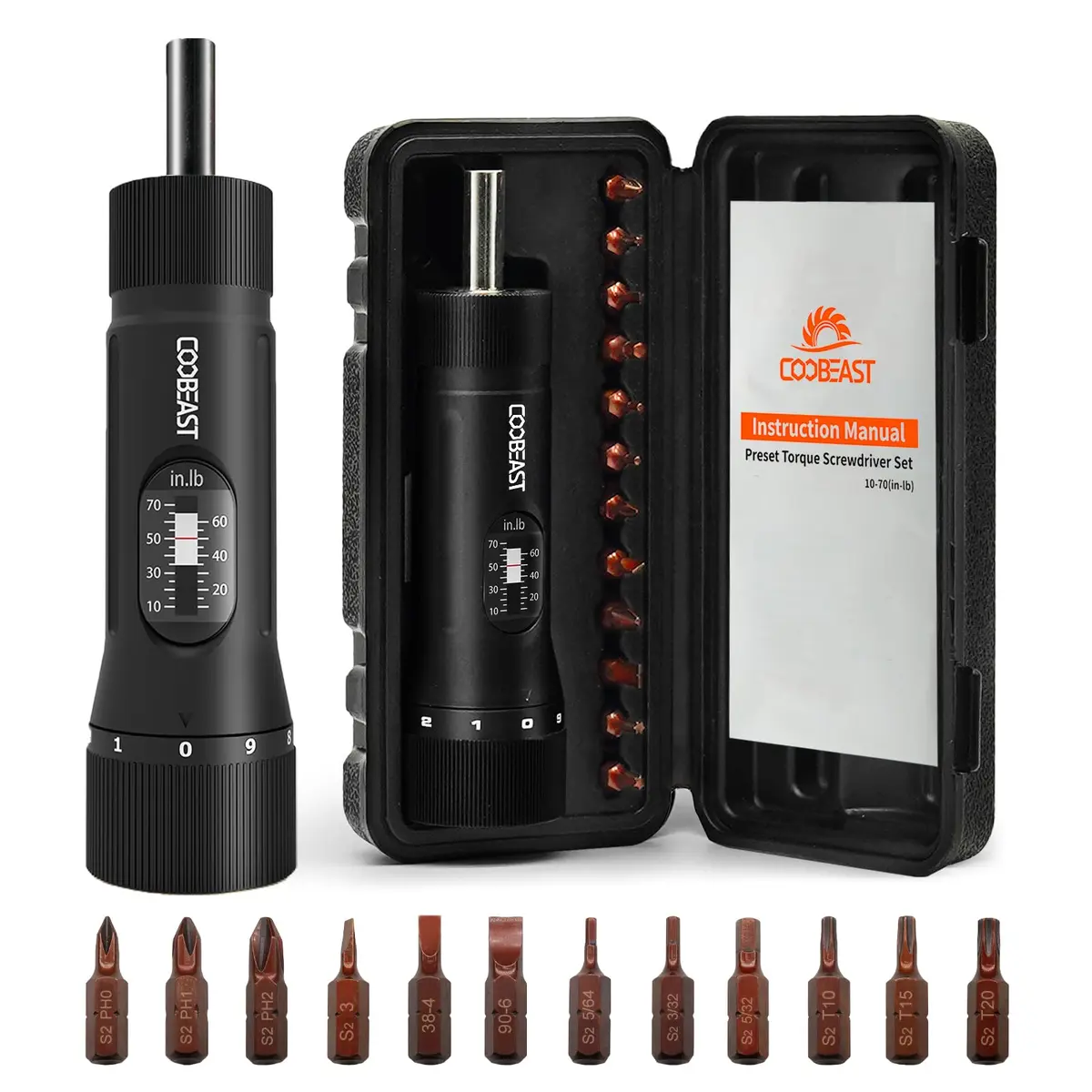 coobeast 13 chaves de fenda de torque predefinidas com brocas S2, conjunto de chaves de torque de 0,6 cm para manutenção, ferramentas, reparo e montagem de bicicletas, faixa de torque de 10 a 70