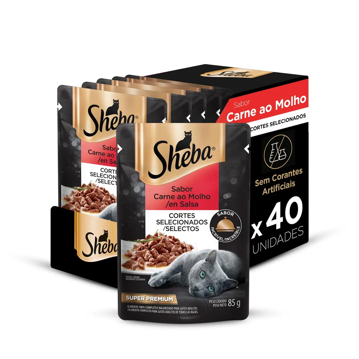 Pack Ração Úmida Sheba Sachê para Gatos Adultos Sabor Carne ao Molho 85g - 40 unidades
