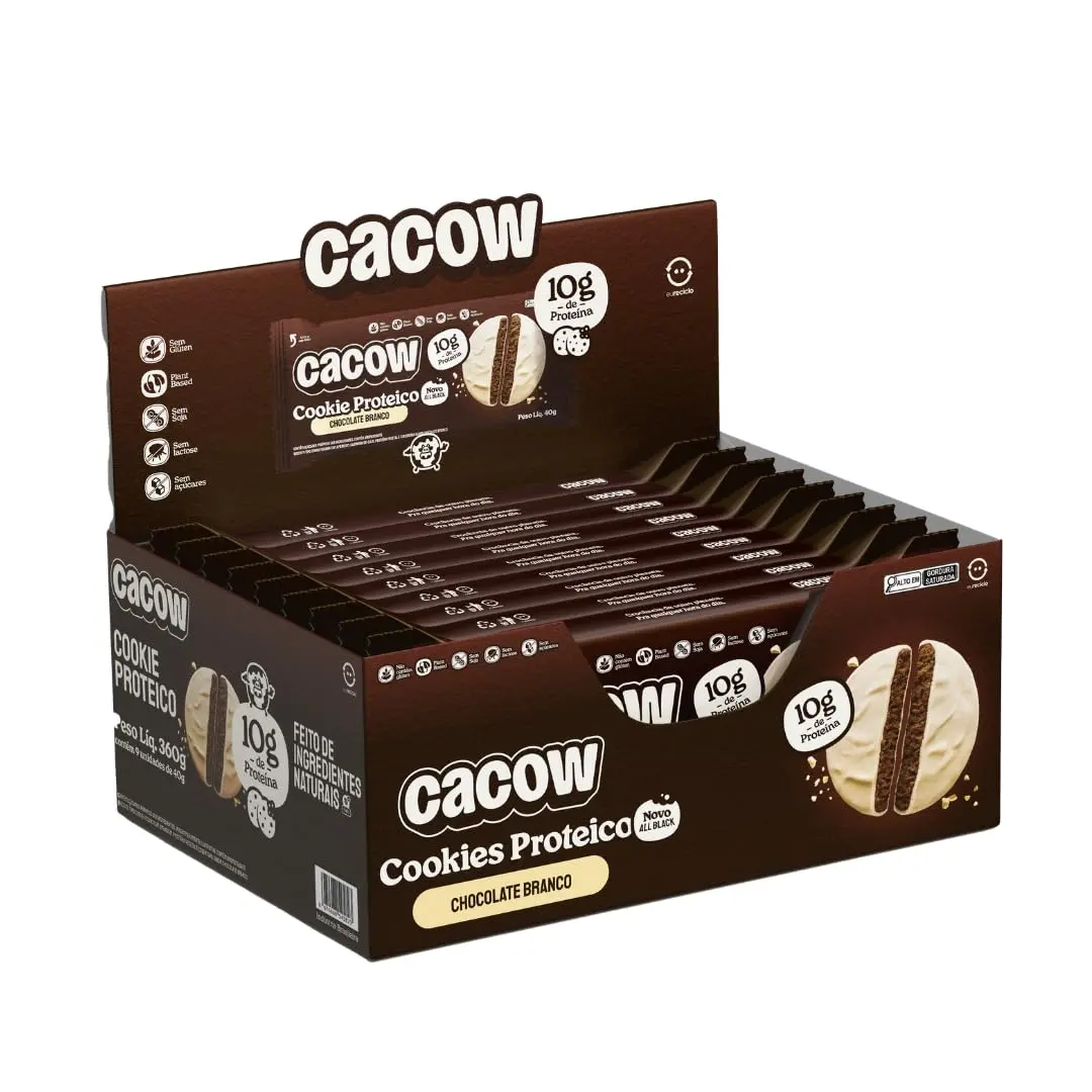 Cookies Proteicos CACOW 40g – Caixa com 9 Unidades (360g) | 10g de Proteína por Cookie | Vegano, Sem Glúten, Sem Açúcar e Sem Lactose | Lanche Saudável Pré e Pós-Treino (All Black Chocolate Branco)