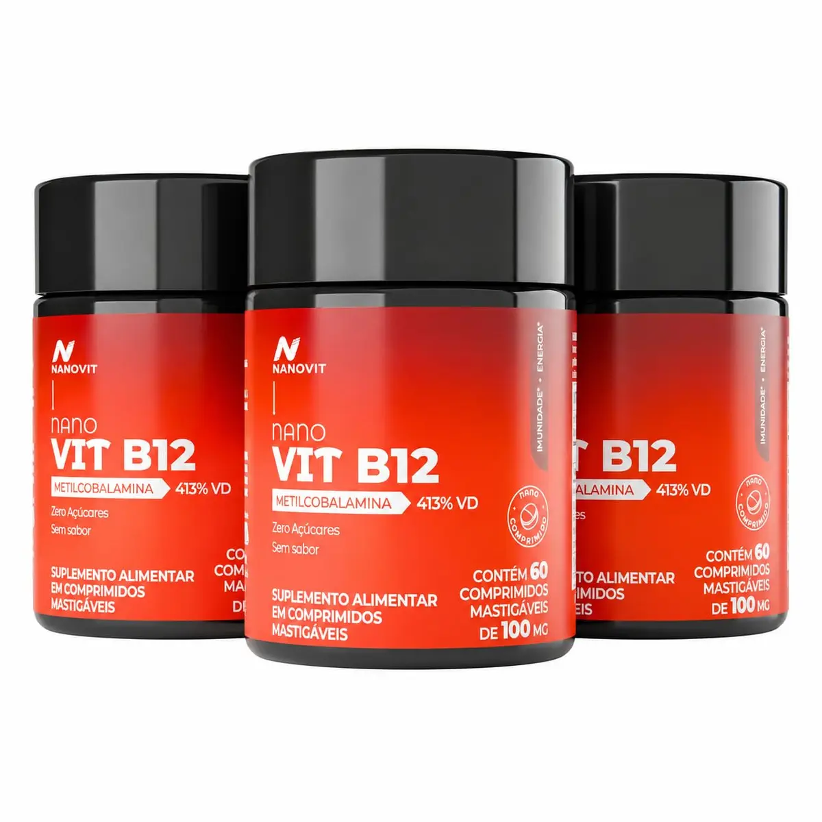 Kit 3 Nanovit Vitamina B12 Metilcobalamina 416% IDR | Nanocomprimido Mastigável Sublingual Nanotecnologia Alta Absorção | Forma Ativa B12 1000mcg Sem Corantes 100% Natural | 60 Unidades