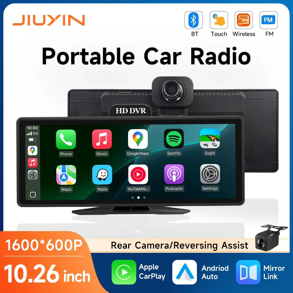 JIUYIN 10.26" Rádio Multimídia Portátil para Carro com Carplay Sem Fio, Câmera de Ré, DVR, MP5, Vídeo, Tela Android Auto