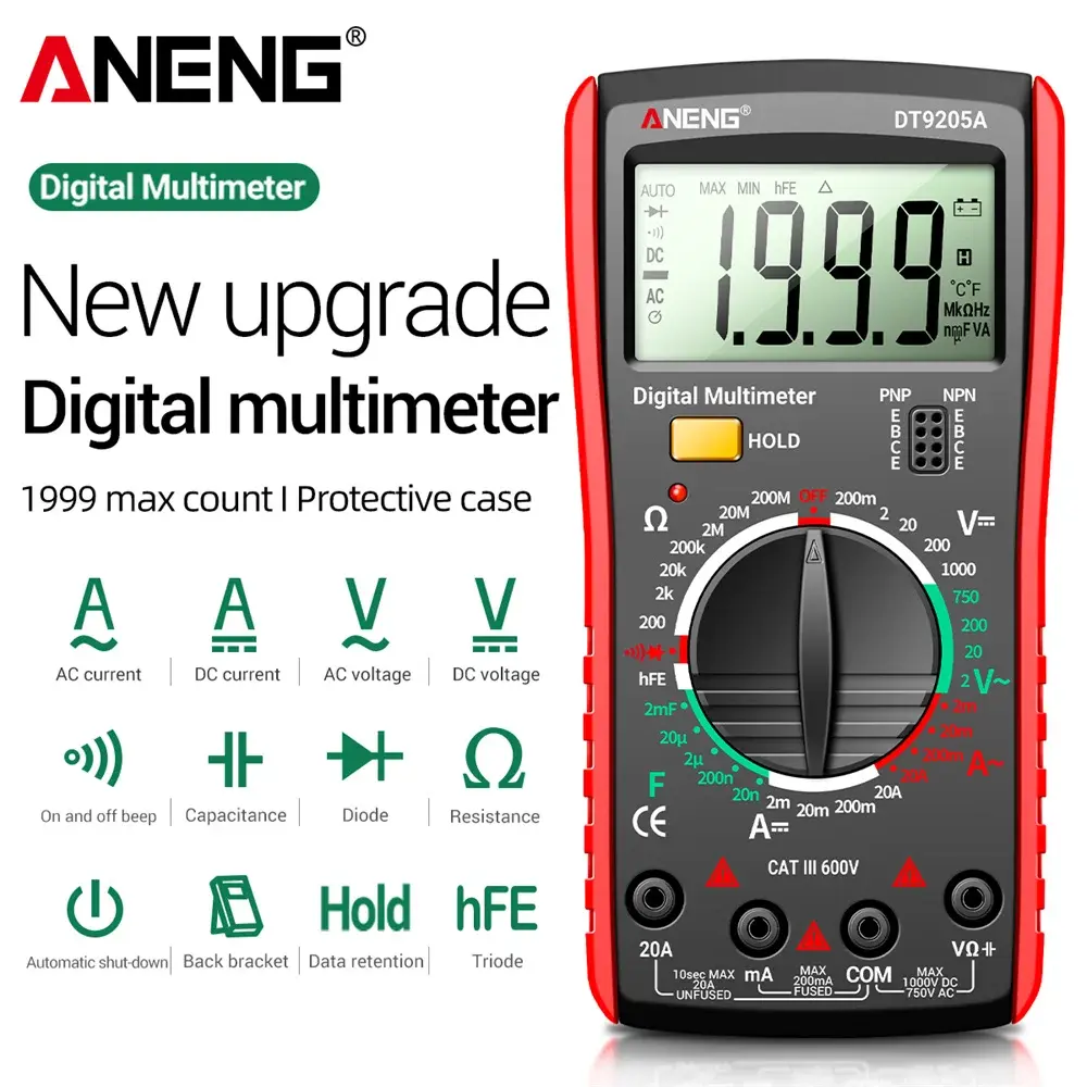 ANENG DT9205A mini eletricista digital profesional true rms voltimetro amperimetro multimetro capacimetro multímetros multimeter ferramentas testador de componentes eletrônicos ponta de prova agulha multimetro lcr mete