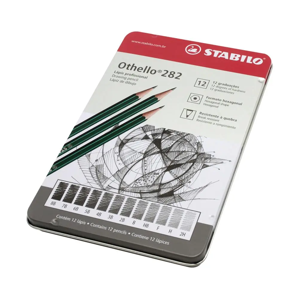 Lápis Preto Profissional Sextavado, Stabilo, 288/12 Othello, 2H/H/F/HB/B/2B/3B/4B/5B/6B/7B/8B, 12 Unidades