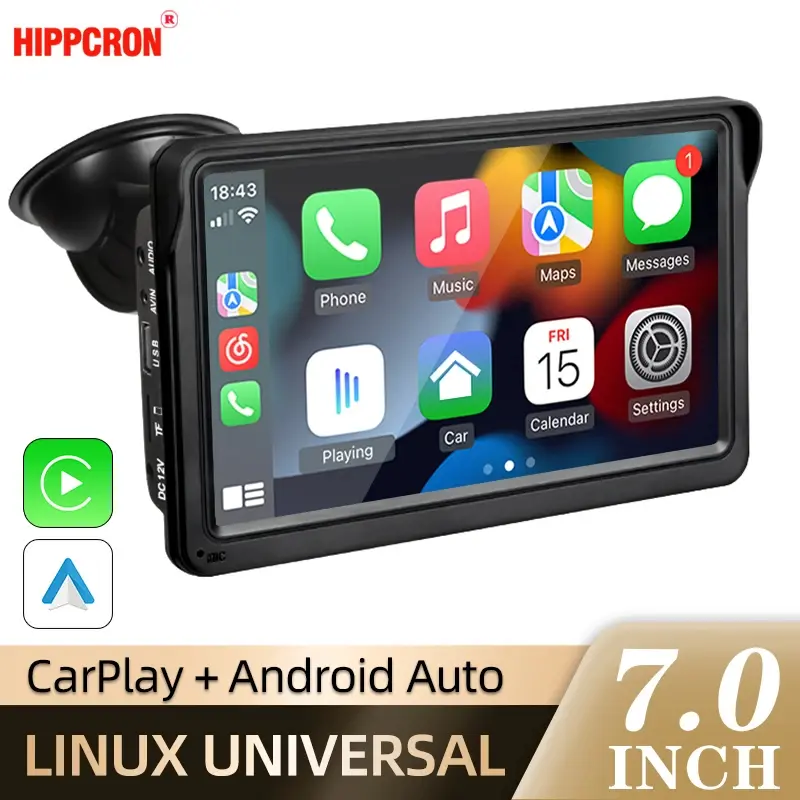 Hippcron 7 polegadas rádio do carro reprodutor de vídeo multimídia sem fio carplay e sem fio android auto portátil tela toque universal - 1