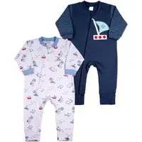 Infantil - Macacao Suedine Fio 40 Algodao Ziper Menino Estampado e Liso Kit Barquinhos 2 Pecas - Branco