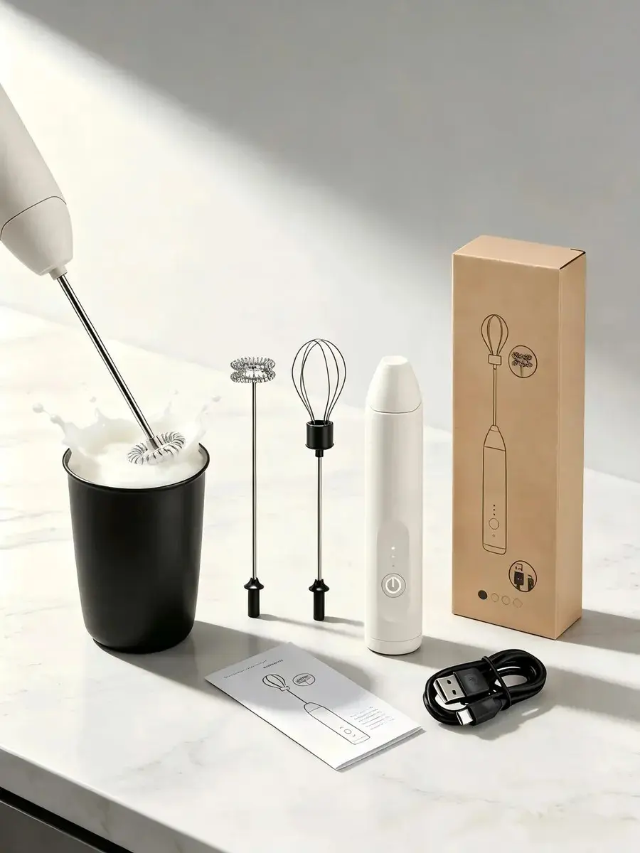 Mini Mixer Eléctrico Misturador 2 em 1 USB Recarregável, Duplo Batedor para Espuma de Leite, Ideal para Café, Cappuccino, Shake e Bebidas, Cor Preto thumbnail 2
