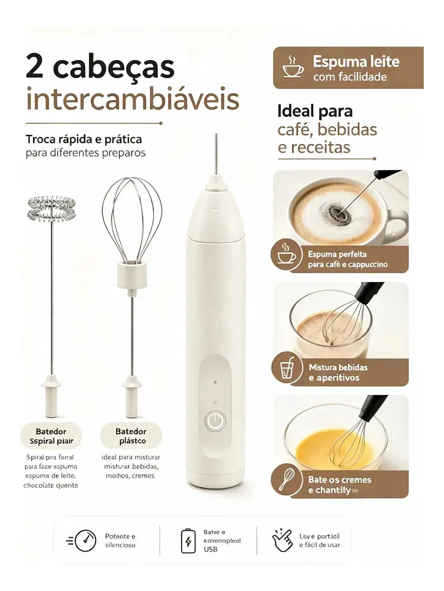 Mini Mixer Eléctrico Misturador 2 em 1 USB Recarregável, Duplo Batedor para Espuma de Leite, Ideal para Café, Cappuccino, Shake e Bebidas, Cor Preto thumbnail 4