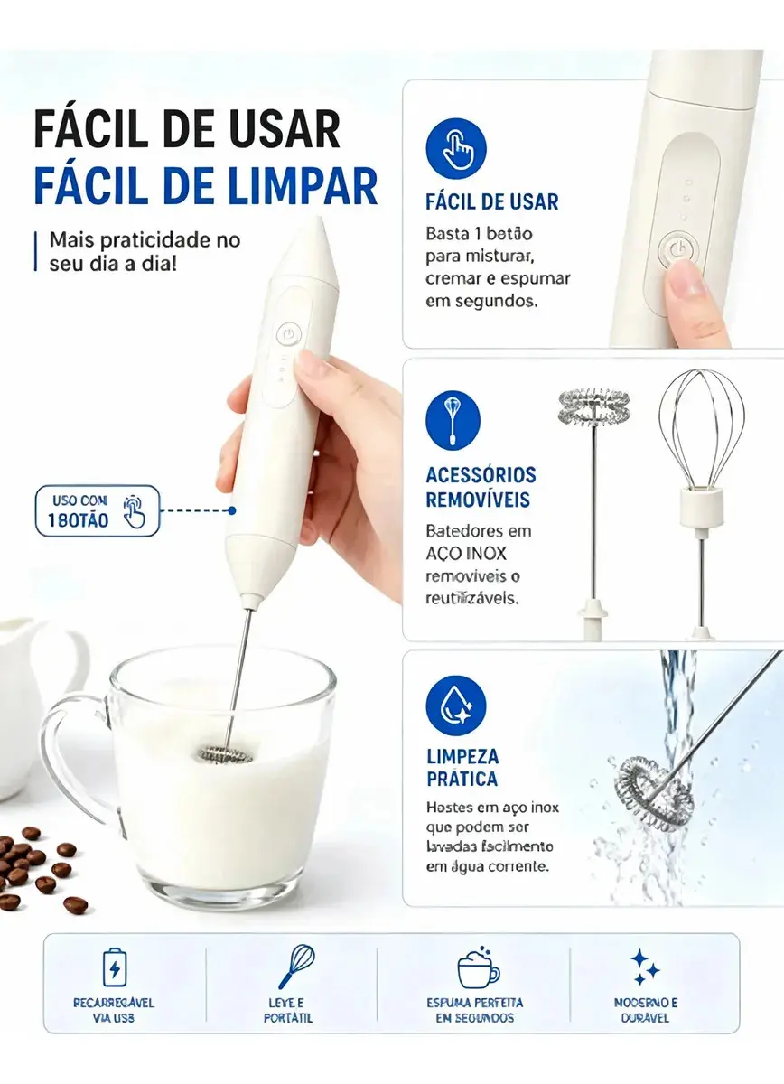Mini Mixer Eléctrico Misturador 2 em 1 USB Recarregável, Duplo Batedor para Espuma de Leite, Ideal para Café, Cappuccino, Shake e Bebidas, Cor Preto thumbnail 6