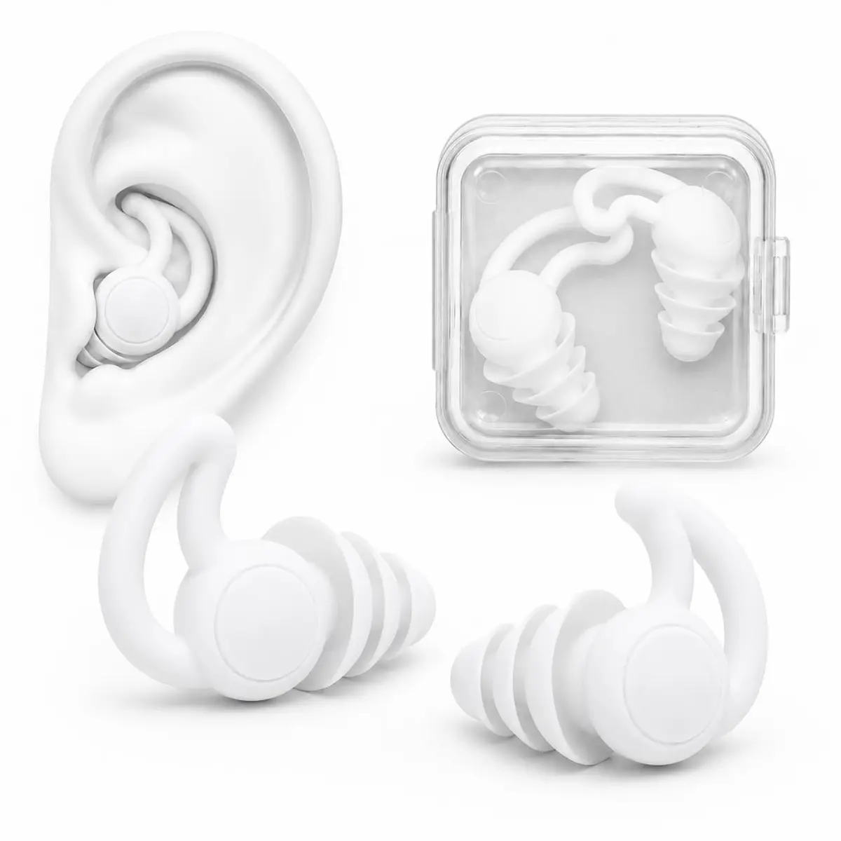 Protetor Auricular de Silicone para Natação, Dormir, Estudar, Trabalhar e Viajar, Tampão Reutilizável com 3 Camadas e Aro de Fixação, 1 Par com Estojo, Preto - 1
