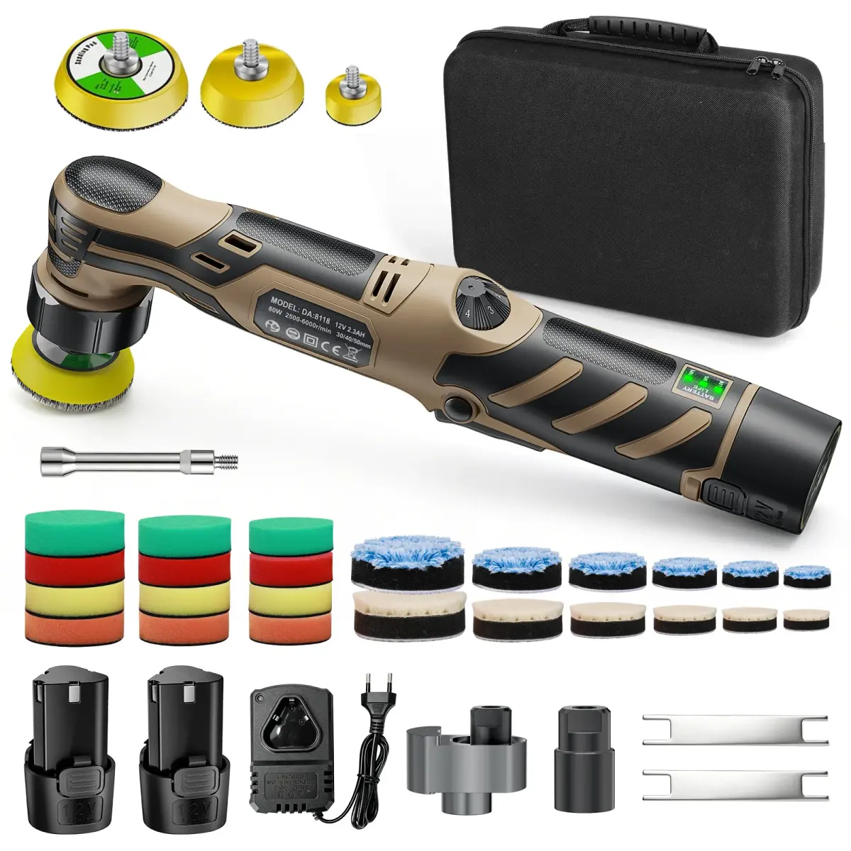 Polidora de Carro Sem Fio 12V Mini, Máquina de Polimento Automotivo Sem Fio com Kit de Discos de 1/1.5/3 Polegadas para Polimento e Enceramento de Automóveis